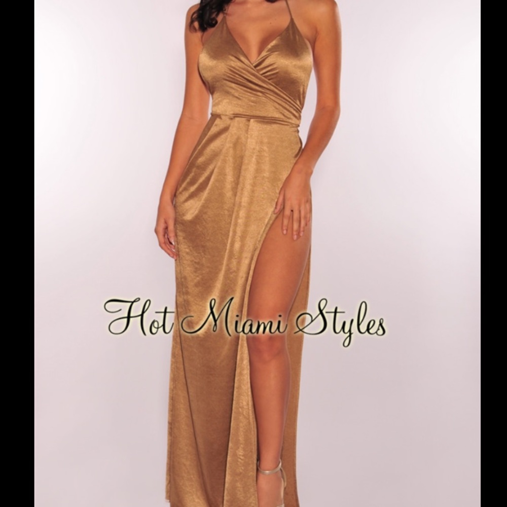 Bronze Satin Halter Maxi Dress